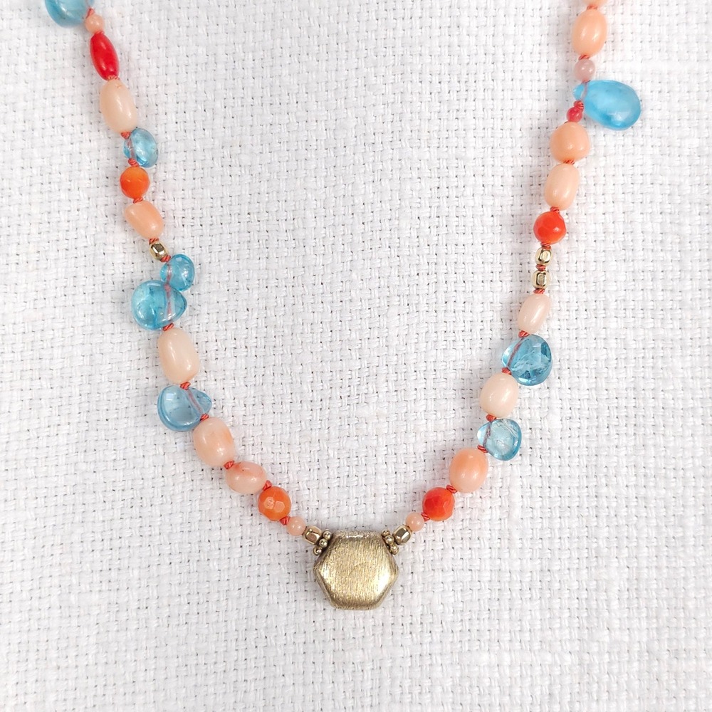 Boho Beaded Necklace‎ Coral Blue Gold Vermeil Hexagon Pendant